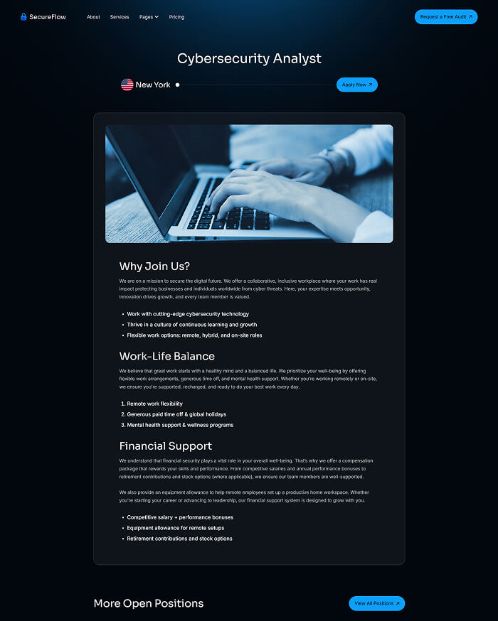 Job listing for Cybersecurity Analyst in New York by SCGSec, featuring a close-up photo of hands typing on a laptop keyboard and details about benefits including work-life balance and financial support.
