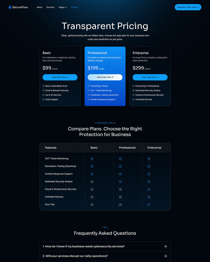 SCGSec pricing page showing three plans: Basic at $99/month, Professional at $199/month, and Enterprise at $299/month, with features comparison and FAQ section below.