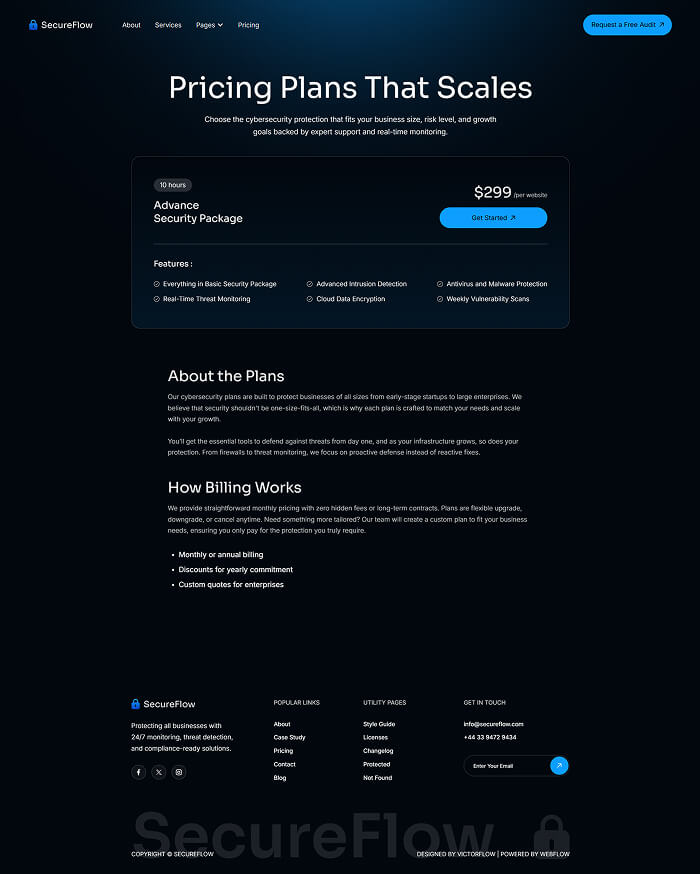 SCGSec pricing page showing Advance Security Package for $299 with features like intrusion detection, malware protection, threat monitoring, and cloud encryption.